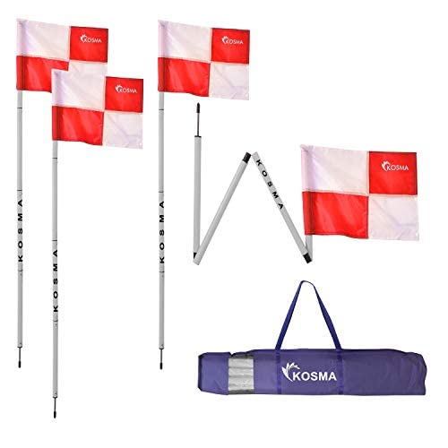 Kosma Set of 4PC Collapsible Corner Flag | Football Training Corner Foldable Flags Pole Size: 5 Ft x 25mm with Metal Spike & Red/White Quadrant Pattern Flags - in carry bag