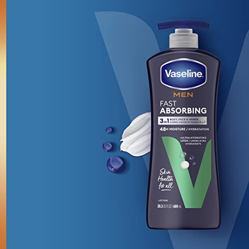 VASELINE MEN FAST ABSORBING 3-IN-1 FACE, HANDS & BODY LOTION FOR MEN, FOR DRY SKIN, ABSORBS IN JUST 15 SECONDS FOR MOISTURIZED SKIN 20.3 OZ