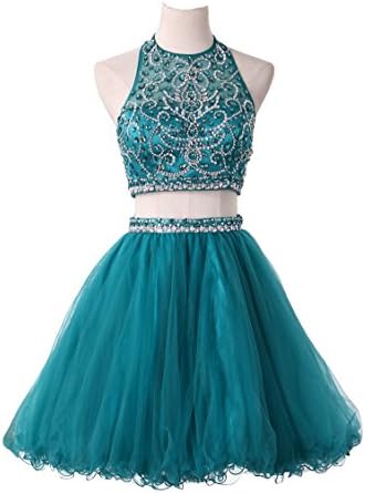 LucysProm Halter Homecoming Dresses Two Pieces Beaded Bodice Short Prom Dresses