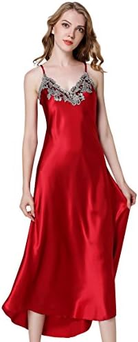 Happy CherryAivtalk Women's Nightdress Lace Satin Nightgowns Sexy Lingerie Full Slip Nightie Gown Soft Breathable Long Chemise Sleepwear Red M