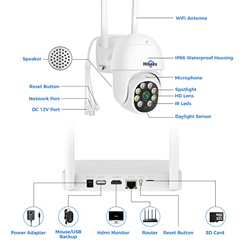 PTZ Camera Wireless System- Hiseeu 3MP Security Camera System Two Way Audio, Auto Tracking, Full Color Night Vision, IP66 Waterproof, Expandable 10CH NVR, 24/7 Record with 1TB Hard Drive