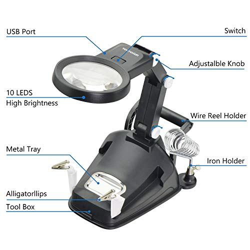 YOCTOSUN LED Light Helping Hands Magnifier Soldering Station 3X 4.5X Desktop Multifunctional Welding Magnifier with Alligator Clips-Hobby Magnifying Glass Hands Free for soldering, Assembly and Repair