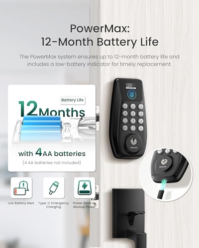 DESLOC C110 Fingerprint Keyless Entry Door Locks, Front Door Smart Lock Deadbolt with Handle Set, Auto-Lock, Backlit Keypad, 12 Months Battery, IP54, BHMA Grade 3 (Black)