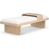 MAKLAINE Mid-Century Chenille Fabric Bench, Soft Cream Upholstery, 65 x 26 x 19.5 in, Solid Wood Base with Natural Finish, Sliding Wooden Tray, Modern Living Room or Entryway Seating