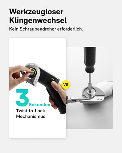 HOTO EdgeFlow Elektrisch Kartonschneider mit Titanklinge & LED-Display, Elektrische Schere, Selbstschleifend & Werkzeugloser Einfacher Klingenaustausch, Sicherheitsriegel für Karton, Teppich, Leder