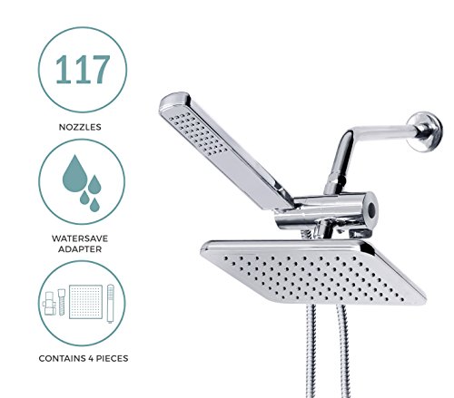 AMG - Manhattan High Pressure Rainfall Shower Head Set (117 Jets - Combined) with Modern Design, Chrome Finish with Water Diverter and Hose.