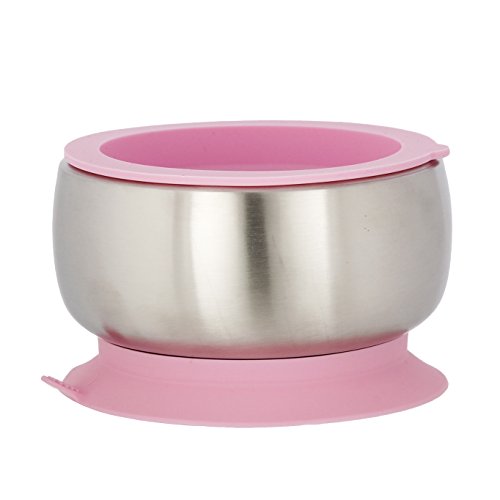 Avanchy Baby Feeding Stainless Steel Spill Proof Stay Put Suction Bowl + Air Tight Lid - Great Baby Gift Set (Pink)