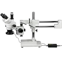 AmScope SM-4TX-144A Trinocular Stereo Microscope, WF10x Eyepieces, 3.5X-45X Magnification, 0.7X-4.5X Objective Power, 0.5X Barlow Lens, 144-Bulb Ring-Style LED Light Source, Double-Arm Boom Stand, 110-240V