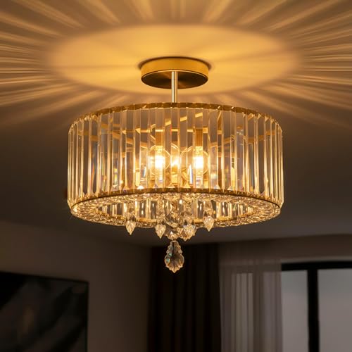 ANWIO Crystal Ceiling Light, Bedroom Glass Ceiling Lamp with 3 E27 Base, Larger Size Gold Modern Pendant Lamp, Ceiling Lights for Living Room, Kitchen, Dining Rooms (37 cm, Without Bulb)