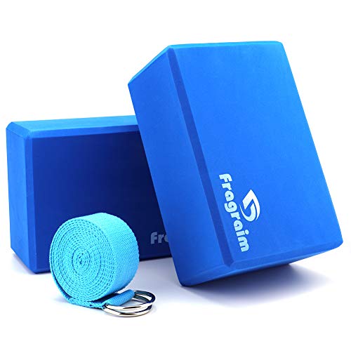 Yoga Blocks (2 PC) and Strap Set – 9″x6″x4″ EVA Foam Bricks Plus (8ft) Stretching Belt with Metal D-Ring Provides Stability Balance, Support and Deepen Poses (Blue)