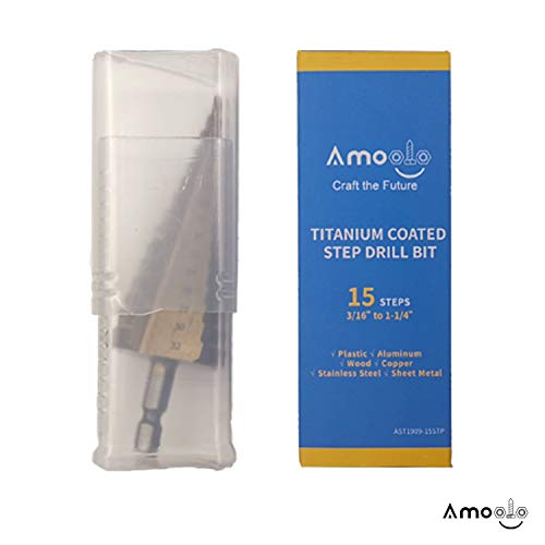 amoolo Titanium Step Drill Bit (15 Sizes), 3/16" to 1-1/4" (4-32mm) HSS 1/4" Hex Shank Unibit for Metal, Wood, Plastic with Metric Index