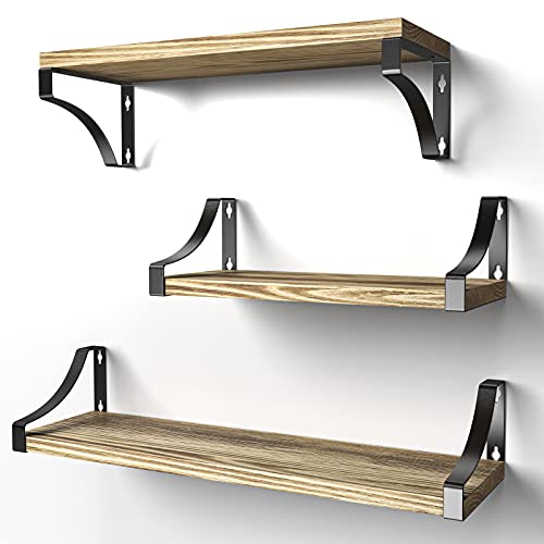 Pipishell Set of 3 Wall Shelves, Wood and Metal Wall Shelves, Rustic Metal Wire Storage Shelves, Maximum Load 10 kg (Brown)