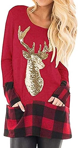 Christmas Shirts for Women Long Sleeve, Womens Cowl Neck Plaid Sequin Reindeer Tunic Tops Oversized Blouse with Pocket