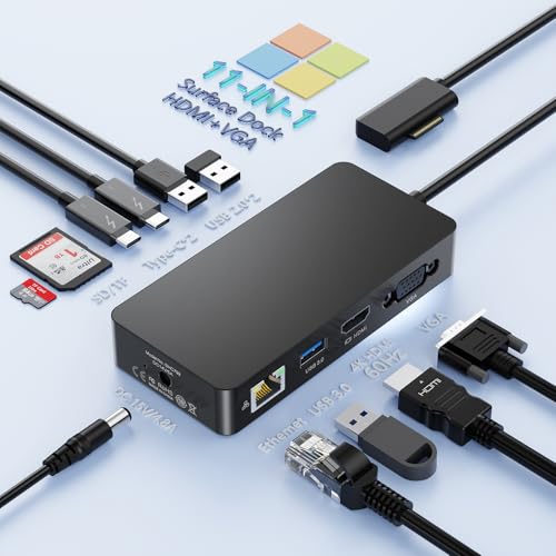 Surface Dock 11 in 1 MS Surface Pro Docking Station 4K@60Hz HDMI+VGA with Power Supply, Surface Dock Hub for Surface Pro 11/10/9/8/X/7/6/5/4/3, Laptop 6/5