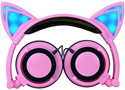 Foldable Flashing Glowing cat ear headphones Gaming Headset Earphone with LED light For PC Mobile Phone (Pink)