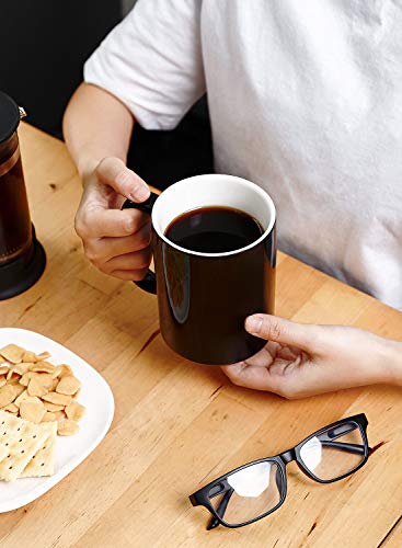 Teocera Porcelain Mugs, Coffee Mugs Set - 15 Ounces for Coffee, Cocoa, Tea - Large Handle - Set of 4, Black