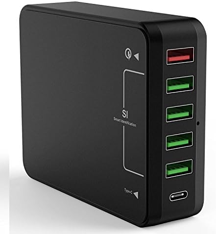 ALZN USB Type-C, 50W 6-Port USB Charger QC3.0 Intelligent Desktop Fast Charging Station with Smart IC Tech