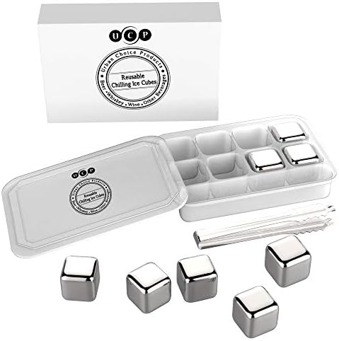 Whiskey Stones Stainless Steel Ice Cubes - Urban Choice Products Reusable Whisky Chilling Rocks Metal Ice - Set of 8 with Tongs and Freezer Storage Tray for Beer Wine Cooler