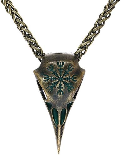 Woogge Viking Raven Skull Helm of Awe Rune Pendant With Brass Keel Chain Necklace For Men (Patina)