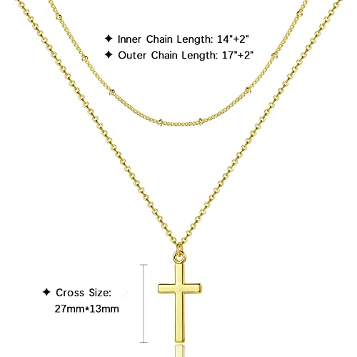 GLOQUAT Dainty Gold Cross Necklaces for Women 14K Gold Plated Satellite Bead Chain Layered Necklace Set Cross Pendant Necklace Simple Minimalist Dainty Necklace for Women Men