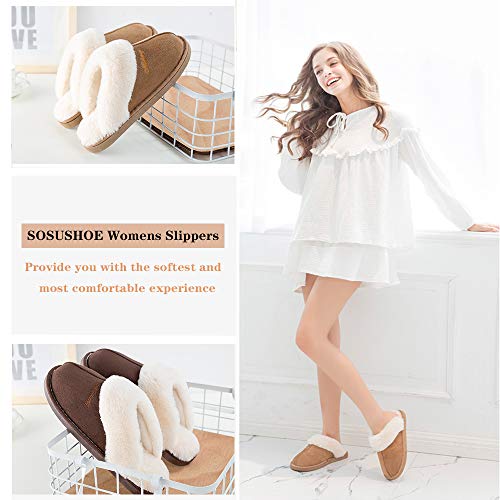 SOSUSHOE Women Slippers Fluffy Fur Slip On House Slippers Soft and Warm House Shoes for Indoor Outdoor, Deep Brown, 9.5-10.5