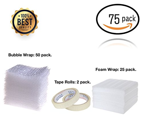 prime packaging bundel 75pack of, 50pc -12x12 sheets Bubble +25pc Cushion Foam Sheets 12x12+2pc Tape,Packing rolls,Shipping,Packaging,Moving,Office.