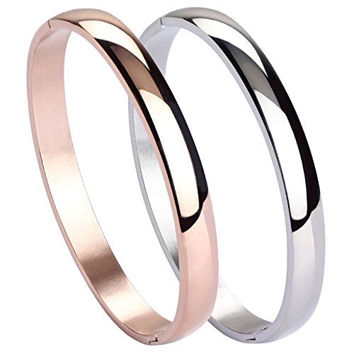 MILAKOO 2 Pcs Stainless Steel Bracelet for Women Girls High Polished Bracelet Grooved Cuff Bangle 7" — image 1