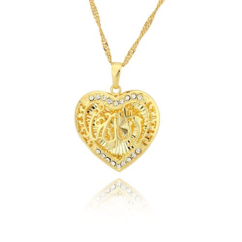Allah in the Middle of Heart Shaped CZ Necklace Pendant for Muslim
