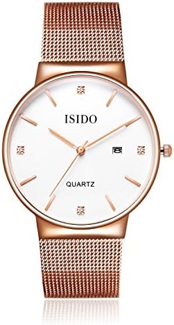 ISIDO Menโs Women's Unisex Wrist Watches Minimalist Stainless Steel Date Business Fashion Calendar Simple Casual Analog Quartz Dial with Milanese Mesh Band Roman Waterproof Watches