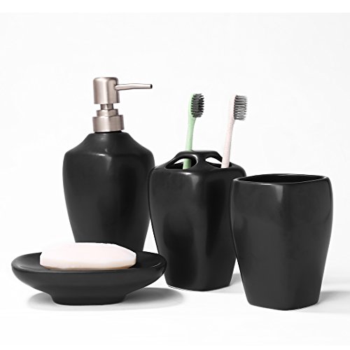 Ceramic Bathroom Accessory Set-Minigift 4 piece Black Matt Glaze Ceramic Soap Dish, Soap Dispenser, Toothbrush Holder & Tumbler Bathroom Set - Thumbnail 6