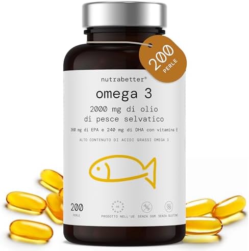 Omega 3 Olio di Pesce da 2000 mg | 200 Capsule Softgel | 600 mg omega - 3 Puro + Vitamina E | Cuore, Vista, Funzione Cerebrale | Qualità Testata | Fish Oil Omega3 | Integratore Omega 3