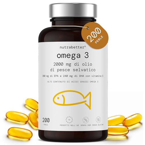 Omega 3 Olio di Pesce da 2000 mg | 200 Capsule Softgel | 600 mg omega - 3 Puro + Vitamina E | Cuore, Vista, Funzione Cerebrale | Qualità Testata | Fish Oil Omega3 | Integratore Omega 3