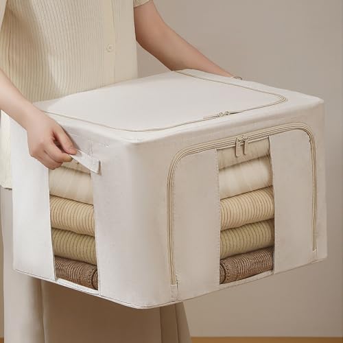 Clothes Organizer, 2 Pack Foldable Metal Frame Clothing Storing Bins with Double Visable Window, Large Capacity Cloth Container with Reinforced Handles, Storage Box, (Cream Yellow) (100L)