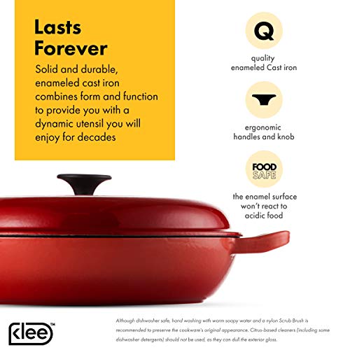 Klee Enameled Cast Iron Casserole Braiser - 3.8 Qt Sauce Pan with Lid - Covered Braiser Pan with Lid - Covered Casserole Dish with Lid - Nonstick Sauce Pan with Cover - 12 Inch Casserole Pan (Red) - Thumbnail 2
