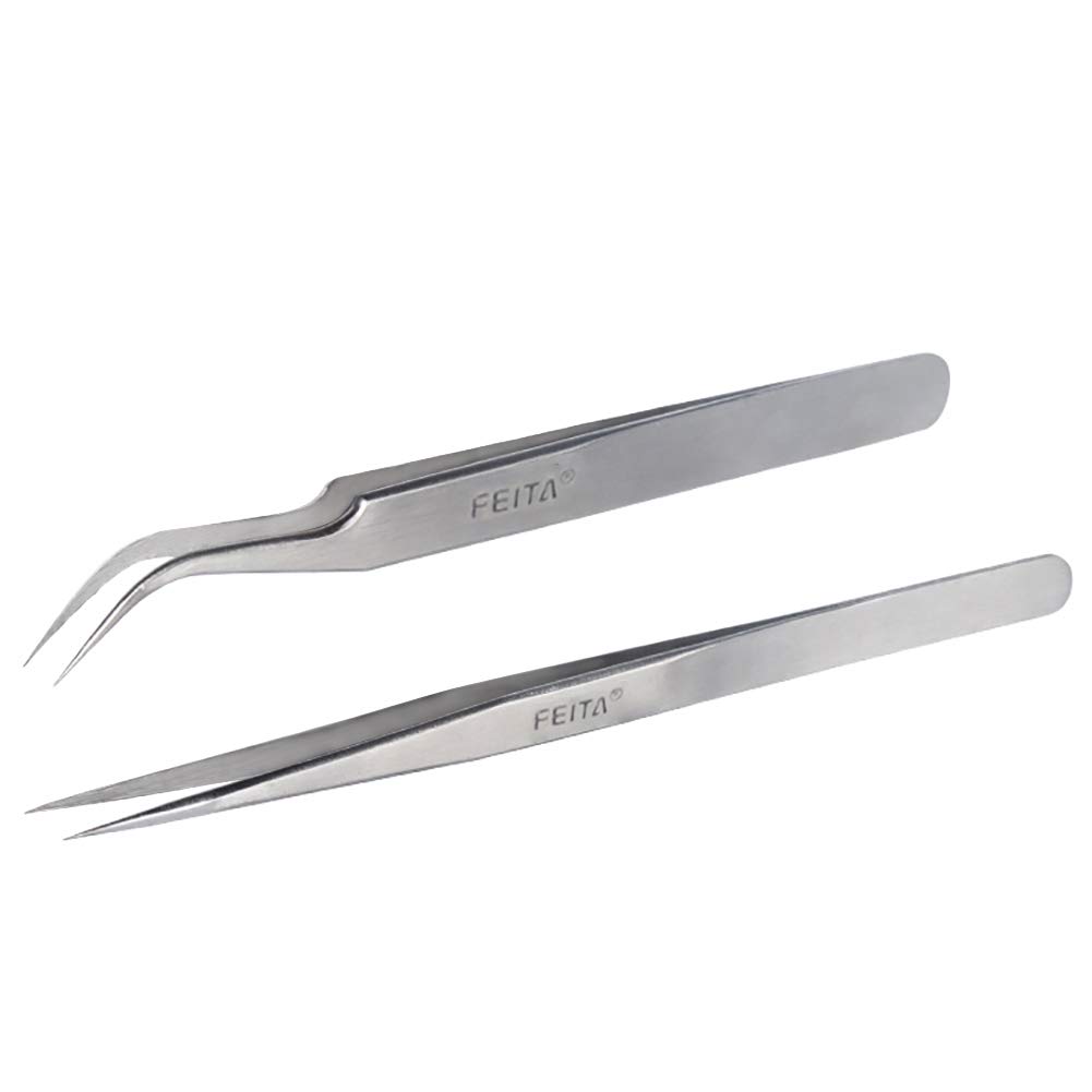 Eyelash Tweezers - FEITA Precision Eyelash Extension Tweezer Set - Professional Straight & Curved Pointed Very Fine Tip Tweezers for Lash Extensions - Silver - 2Pcs