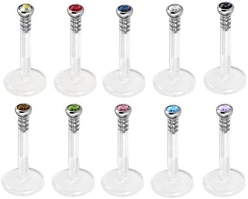 Peki LabretsLot of 10 Pcs Assorted 16g Internally Threaded Gems Labret Lip Bar Piercing (Acrylic White)