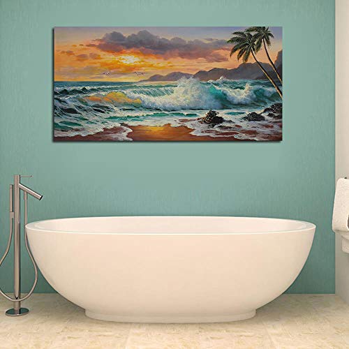 Ardemy Canvas Wall Art Beach Sunset Seawave Tropical Palm Tree Picture Prints, Blue Seascape Beach Large Size Ocean…