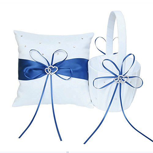 ARKSU 5pcs Wedding Sets Flower Girl Basket + Ring Bearer Pillow + Guest Book with Pen + Pen Set Holder + Bride Garter for Rustic Bridal Wedding Shower Ceremony Anniversary-Dark Blue