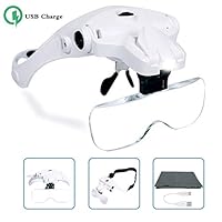 Hands Free Headband Magnifying Glass, USB Charging Head Magnifier with LED Light Jewelry Craft Watch Hobby 5 Lenses 1.0X 1.5X 2.0X 2.5X 3.5X (Upgraded Version)