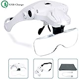 Hands Free Headband Magnifying Glass, USB Charging Head Magnifier with LED Light Jewelry Craft Watch Hobby 5 Lenses 1.0X 1.5X 2.0X 2.5X 3.5X (Upgraded Version)