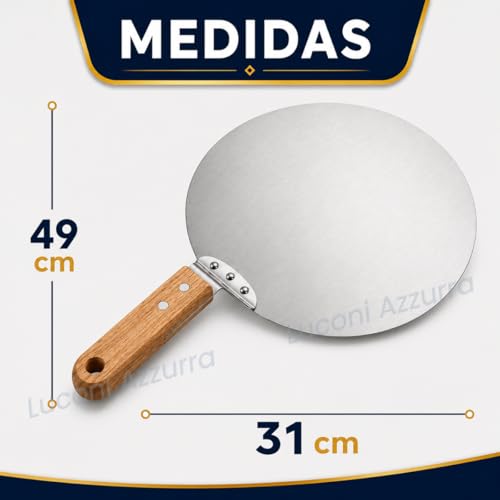 Pá de Pizza Redonda em Aço Inoxidável, 31cm, com Cabo de Madeira, para Pizza, Pães e Massas