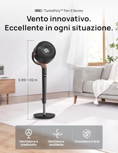 DREO Silent Pedestal Fan 20dB with Omnidirectional Oscillation 120°+120°, Wind Range up to 26m, Airflow 1615m³/h, Height Adjustable 94-107cm, 3 Modes and 8 Speeds