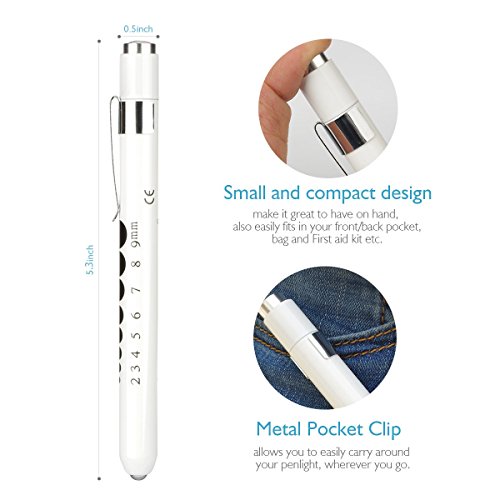 Opoway Nurse Penlight LED Medical Pen Light with Pupil Gauge Measurements for Nursing Students Doctors Stethoscope Medical Occasion with Durable Batteries Free, White, 2 Piece