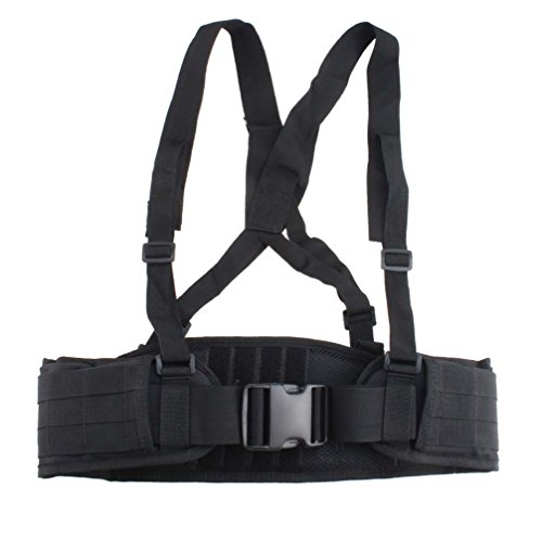 FAMI Tactical Battle Combat Airsoft Padded Equipment Molle Waist Belt with Adjustable Suspenders Free Straps for Patrol Army Training Outdoors Duty - Black