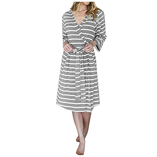 Crytech Women Striped Maternity Labor Delivery Robe 3/4 Long Sleeve Stripe Breastfeeding Nursing Nightgowns Gowns for Hospital Pregnancy Bathrobe Sleep Dress (X-Large, Grey)