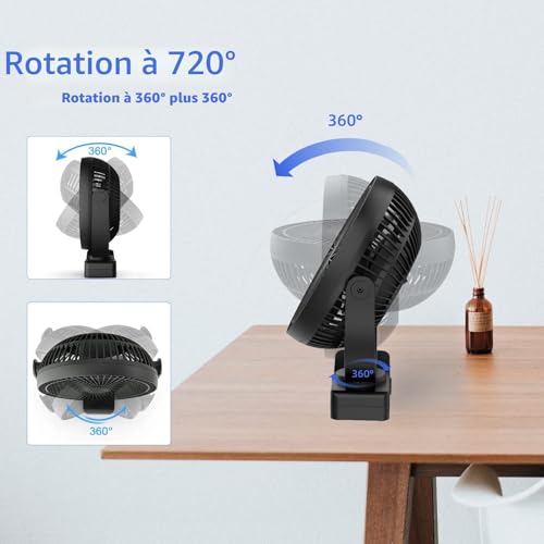 ATEngeus 8 Inch Mini USB Clamp Fan with 10000mAh Battery, Portable Small Desk Fan, 4 Speed, Dual 360 Rotation, with USB Cable, Suitable for Family, Office
