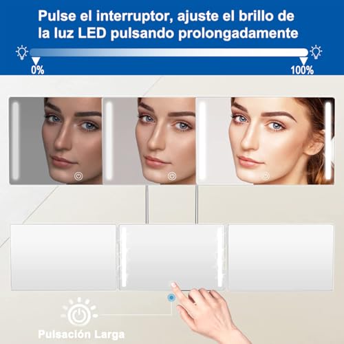 FHZLAJ Espejo de LED Recargable de 3 Vías, Espejos Triple Plegable 360 °con Ganchos Ajustables de Altura espejo para Cortar Cabello Mirror de Aumento 5X para Hombre Mujer Hogar Baño Maquillaje Peinado