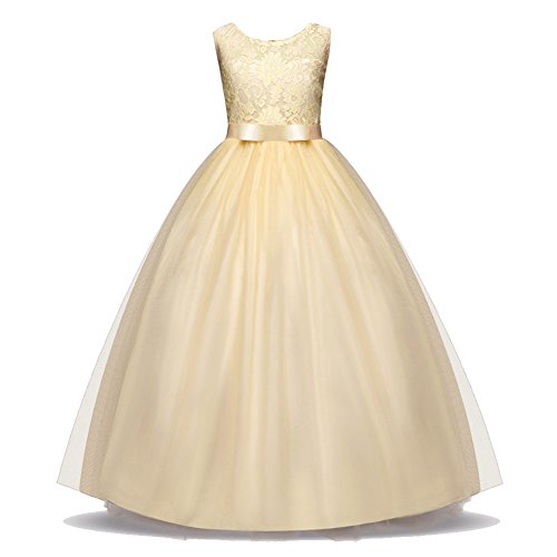 Acecharming Girls Lace Bridesmaid Wedding Dress with Bowknot Princess Prom Party Tulle Gown for 7-8 Year (Champagne) - Thumbnail 3