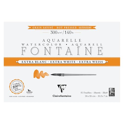 Clairefontaine 976019C Fontaine Extra White 4-Sided Glued Pad - 15 Sheets of Extra White 100% Cotton Satin Grain Watercolour Paper - Professional 26x18cm 300g