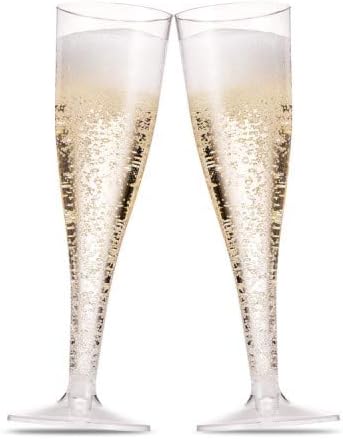 100 x TALL SILVER GLITTER CLEAR ONE PIECE PLASTIC CHAMPAGNE FLUTES GLASSES - (1P).